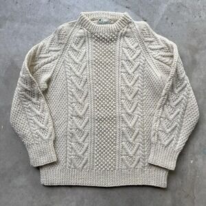 Vintage Carders Aran Irish Sweater Wool Fisherman Cable Hand Knit Ivory Size S/M